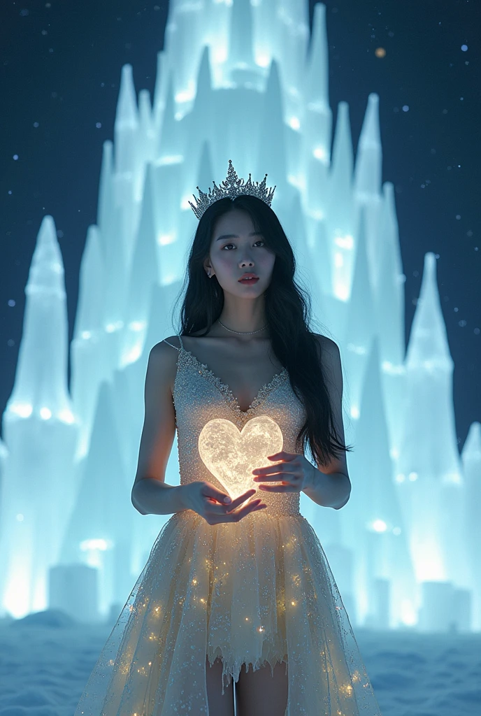 Jisoo of Blackpink pink,she wearing Short glittering Gold ice dress ,The Ice crown on her head, big Ice woman structure behind her, jisoo's tears are freezing, big Ice heart is in her hand,she' has black hair ,it's a night time and the moon is freezing but not jisoo