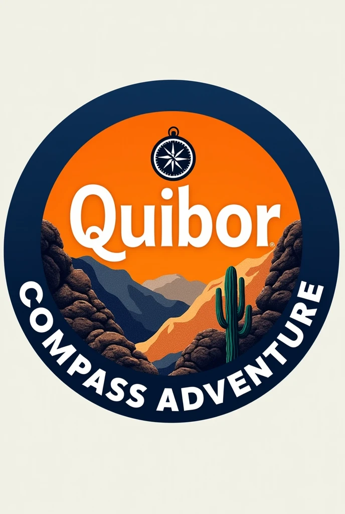 Logo:

1. General form: Circular design.

2. bottom: Orange, evoking a sunset.

3. Borders:
   - Color de Borders: royal blue.
   - Grosor de Borders: 3 px.

4. natural elements:
   - Carcavas: Stylized illustrations of the Quibor gullies, with irregular shapes and textured in brown tones, beige and black.
   - Cactus: A small cactus in green, located on one side of the logo.

5. compass: A compass on top, in black and white to stand out.

6. Text:
   - Word "Quibor": letters in white, sans serif typeface, in a medium size and striped.
   - "COMPASS ADVENTURE": letters in white, sans serif typeface, in a large size, located at the bottom around the thick edge.
