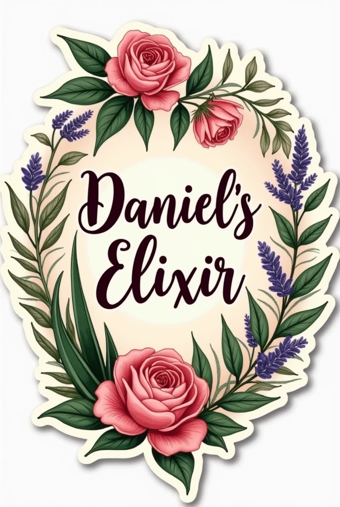 design à imprimer en sticker le nom est  « Daniel’s Elixir » l’image doit faire ressentir le naturel, le bio, dans le spray il y a de l’eau de rose de l’aloe véra et de la lavande. ne surtout pas dessiner de bouteille ou de flacon juste une étiquette et juste des roses de l’aloe vera de la lavande et « Daniel’s elixir »dans un style botanique vintage mais au goût de jour