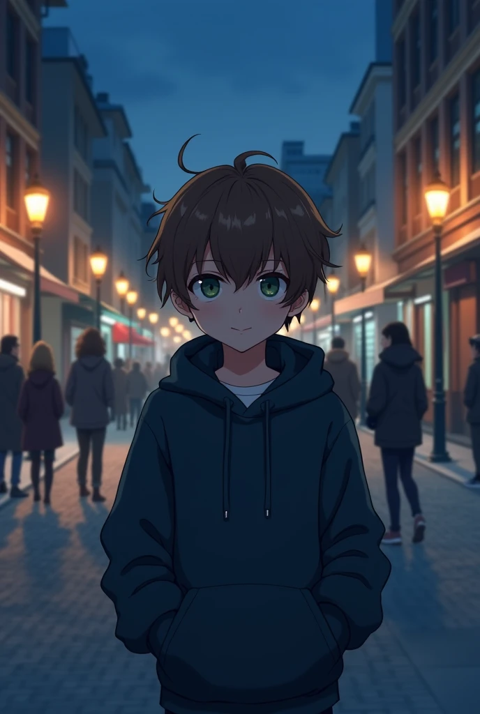 Anime style image. A boy with messy brown hair and dark green eyes was in the middle of a crowd, it was night and there were few people on the street. He was wearing a dark blue sweatshirt and his hands were in his pockets to protect himself from the cold.