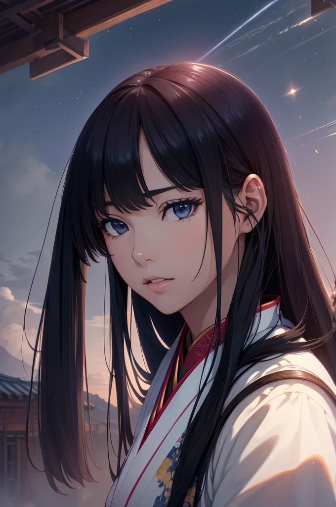 Starry sky and fog cover the landscape.Rich historical background. (Highest quality,4K,8k,High resolution,masterpiece:1.2), Very detailed, (Realistic,Realistic,Photorealistic:1.37), High resolution, Hyper HD, Studio Lighting, Ultra-fine painting, Sharp focus, Physically Based Rendering, Very detailed説明, Professional, Vibrant colors, Bokeh, Sports Late, Ancient War Landscapes, Traditional Chinese Painting Techniques, Atmospheric lighting, Dynamic Pose, Complex combat scenarios, Vivid color contrast, Visually stunning composition, Ethereal atmosphere,