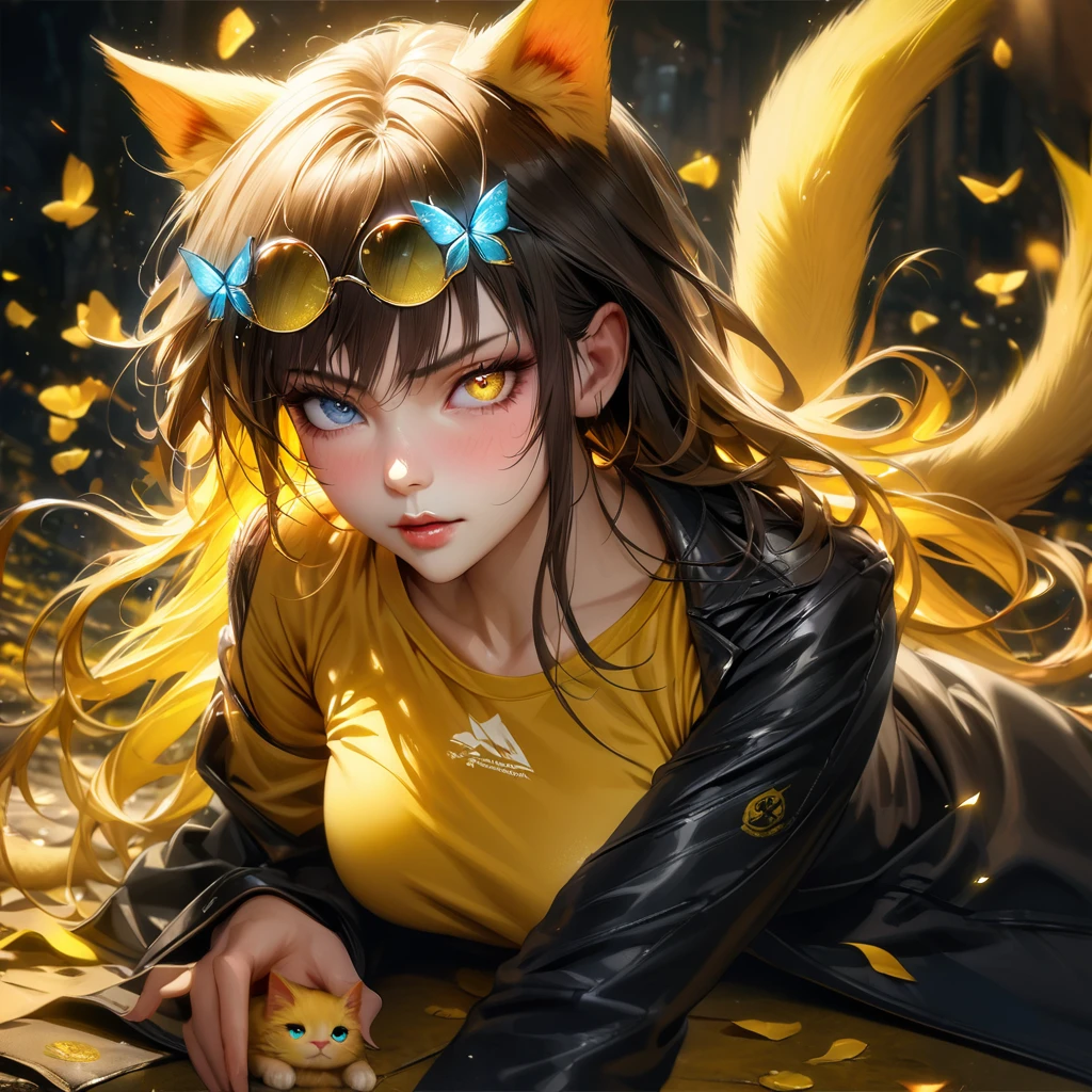 Extremely detailed, high resolution, absurd, HDR, masterpiece, Fushiguro Megumi, Expressive yellow eyes, Jiu Jitsu Kaiba, Black long coat, yellow Ice flowers, petal, Very beautiful, Sexy girl, Solitary, Extremely detailed eyes and face, yellow Ice, yellow Ice sparkling butterflies, yellow T-shirt, Realistic face, sparkling, sparkling eyes, yellow cat, black long hair, yellow hair tail, Colorful Hair, heterochromia, wear round glasses, A pair of cat ears on the head