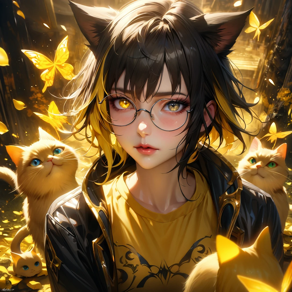 Extremely detailed, high resolution, absurd, HDR, masterpiece, Fushiguro Megumi, Expressive yellow eyes, Jiu Jitsu Kaiba, Black long coat, yellow Ice flowers, petal, Very beautiful, Sexy girl, Solitary, Extremely detailed eyes and face, yellow Ice, yellow Ice sparkling butterflies, yellow T-shirt, Realistic face, sparkling, sparkling eyes, yellow cat, black long hair, yellow hair tail, Colorful Hair, heterochromia, wear round glasses, A pair of cat ears on the head