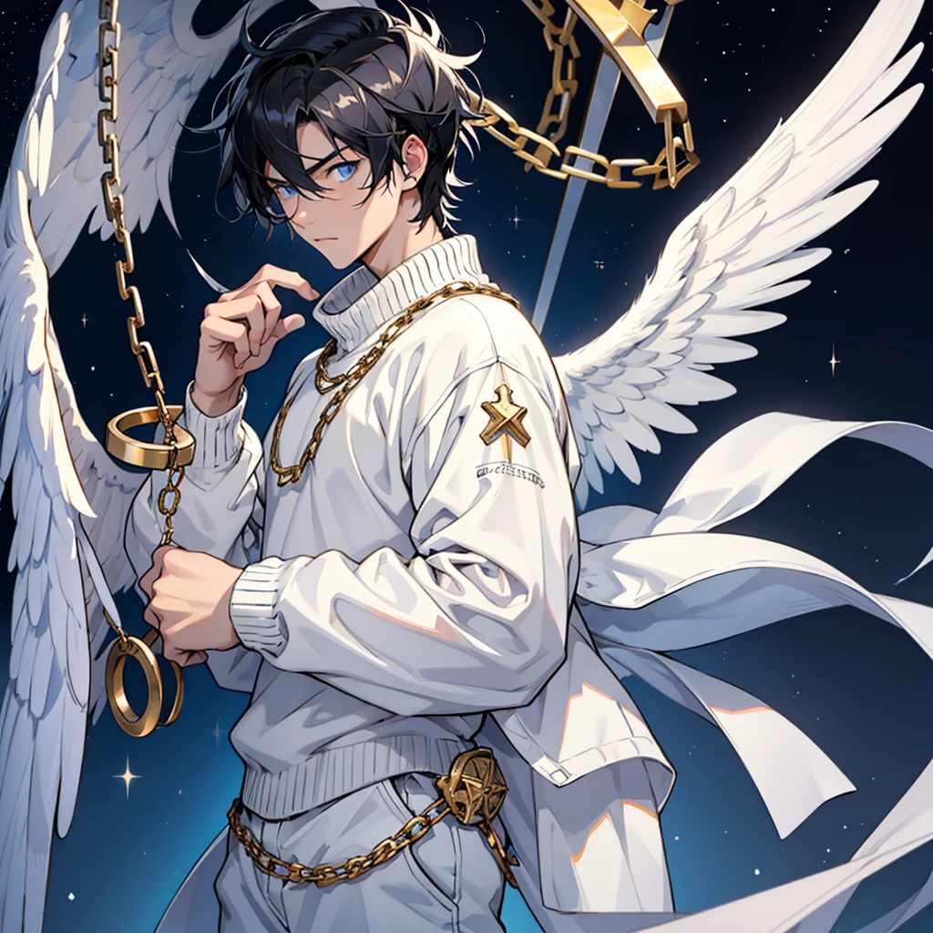 A 20 year old boy with black hair, Light blue eyes with a white tone and a serious look, long grey pants, white long sleeved sweater, a cross chain three gold rings, Angel wings, STARS BACKGROUND