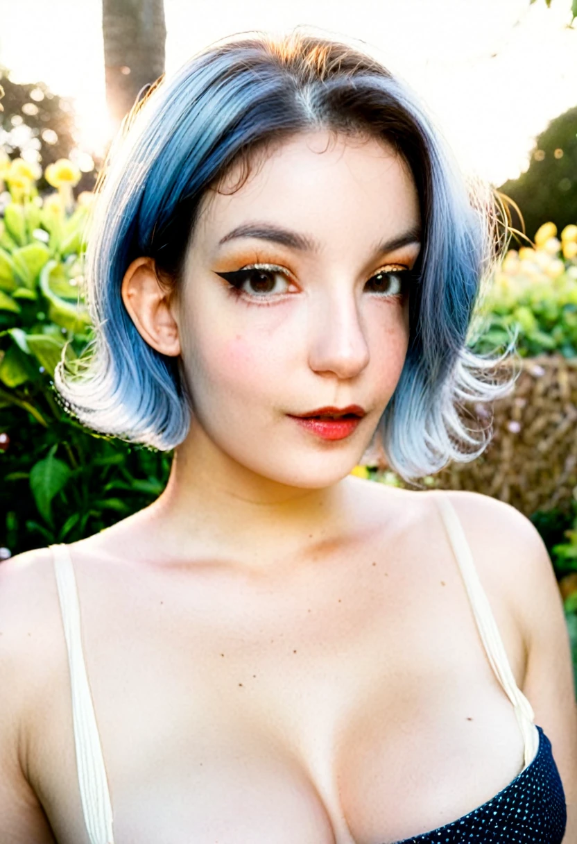 A stunning professional photo of a 24 year old pretty woman, shirt, skirt, cute, absolute beauty, round face, pale skin, (((french bob hair with shaved nape))), (hair parting on left side), Blue hair, brown eyes, beautiful eyes, freckles, freckles and moles all over body, large natural breasts, soft breasts, early summer, soft natural light, highly realistic skin, highly realistic face, highly realistic eyes, at a garden party, party lights, many people in background, seductive, sultry, highly sexually aroused, low light, soft natural light, Rembrandt style light, made with a Hasselblad camera, 35mm, film grain, masterpiece, sharp focus