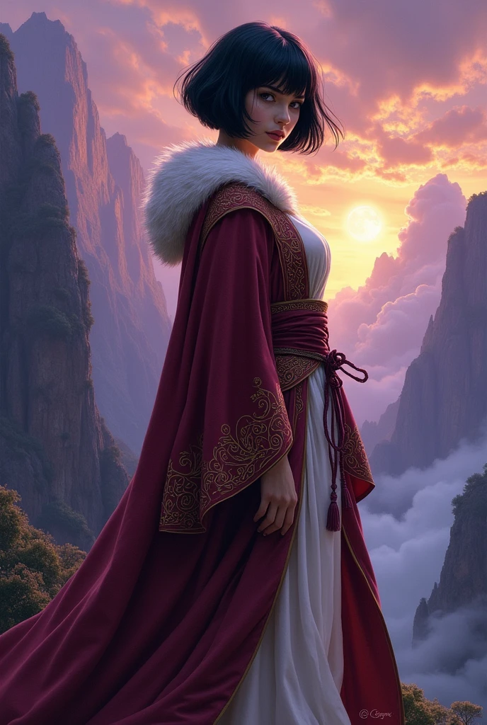 A young female mage in the Frank Fazetts style with short black hair,  has clothes in wine and white colors 