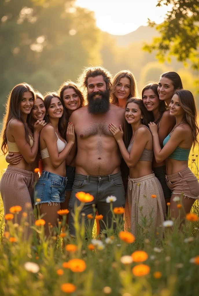 10 completely naked women together with a bearded man with lots of hair on his chest and belly and a completely unbuttoned white shirt