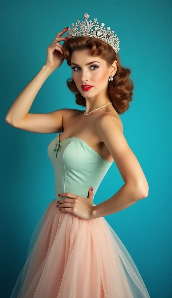 'Glamorous woman from the 1950s, wearing vintage dress, lifting tiara, blue background'
