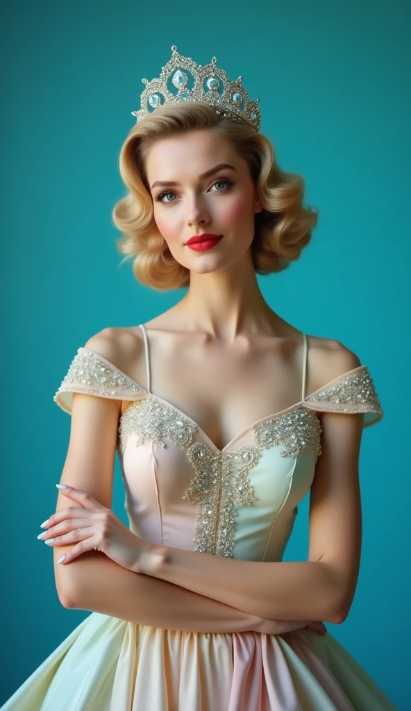 'Glamorous woman from the 1950s, wearing vintage dress, lifting tiara, blue background'