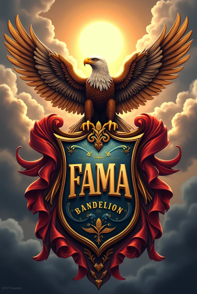 A MARCHING BAND COAT OF ARMS WITH AN EAGLE WITH THE NAME “FAMA” ON THE COAT OF ARMS
