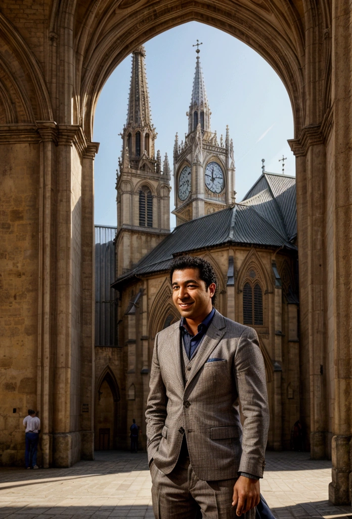 arafed man standing in front of a church with a clock tower, cathedral in the background, church in the background, cathedral!!!!!, church cathedral, cathedral, you laughed, John Jude Palencar, antiga cathedral atrás dela, gui guimaraes, in sao paulo, inspired by Bernardo Daddi, church, blurry photo