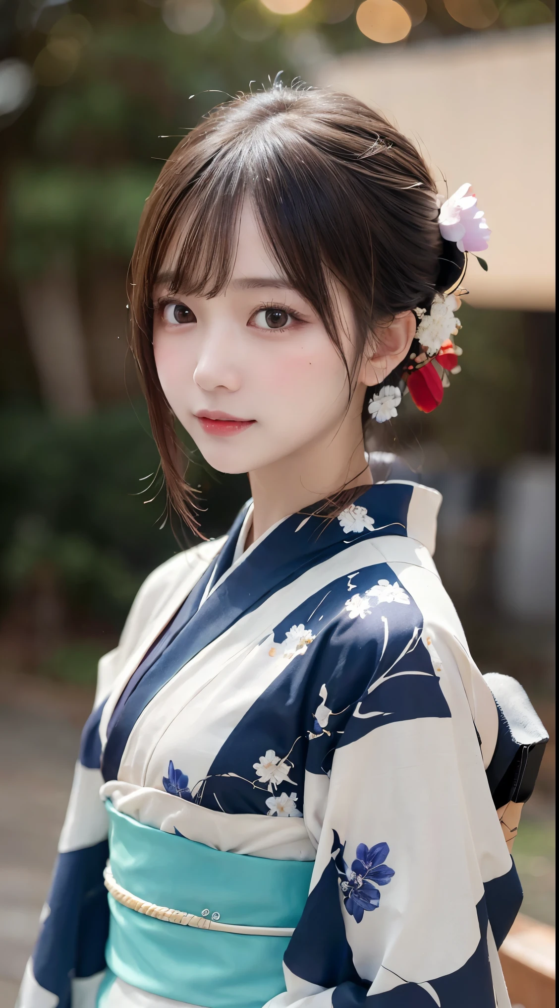 masterpiece, Highest quality, shape, Very detailed, In detail, Highest Resolution, 8k wallpaper, Perfect dynamic composition, Beautiful details, Natural Lip, Looking into the camera, (bokeh:1.4), (upper body, standing:1.3), (kimono:1.4), (outdoors, night)