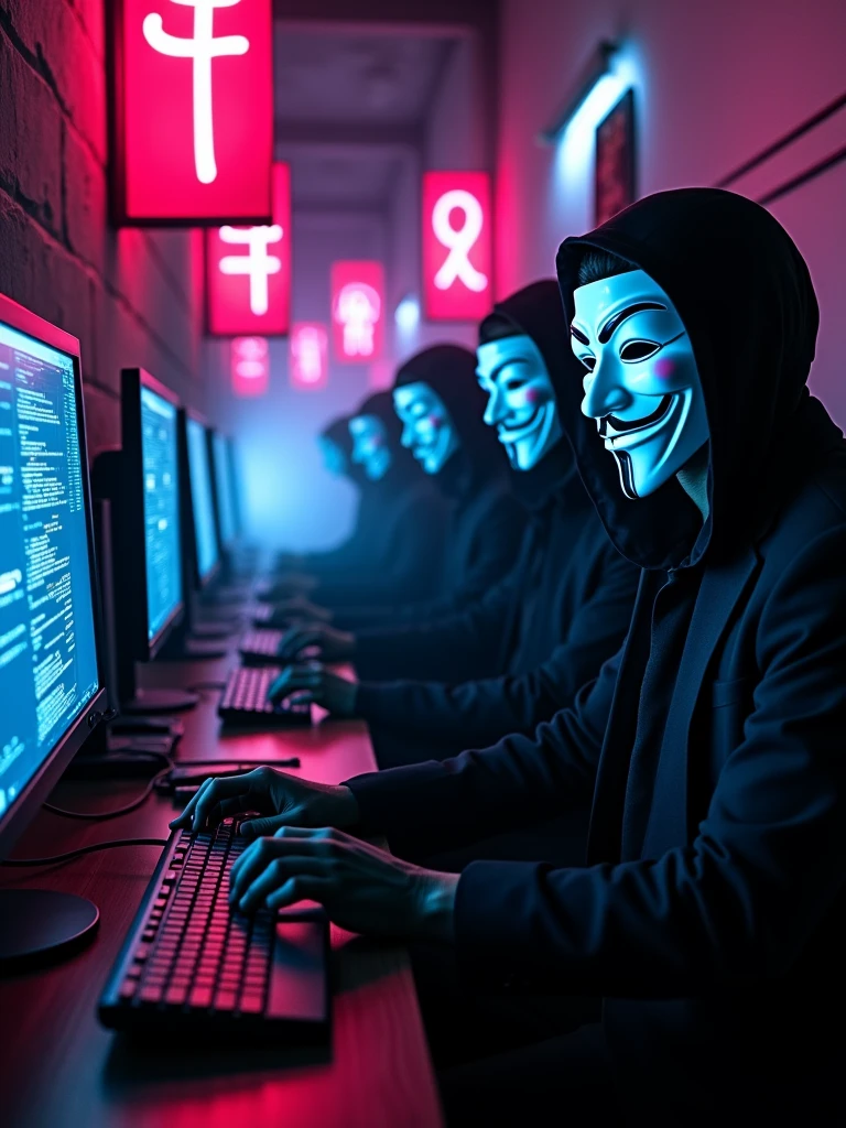 50 cyberpunk hackers wearing guy Fawkes masks and scary skulls printed  In black suits, ANONYMOUS banner on the walls, surrounded by computers, 8k definition