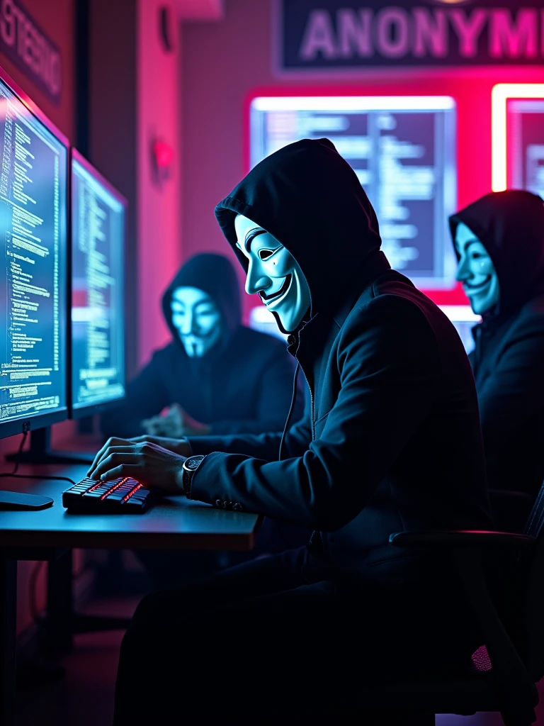 50 cyberpunk hackers wearing guy Fawkes masks and scary skulls printed  In black suits, ANONYMOUS banner on the walls, surrounded by computers, 8k definition