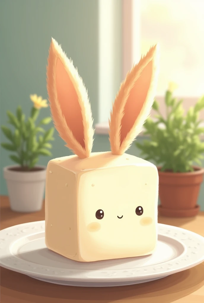 Simple illustration、Horse ears growing out of a square of tofu on a plate