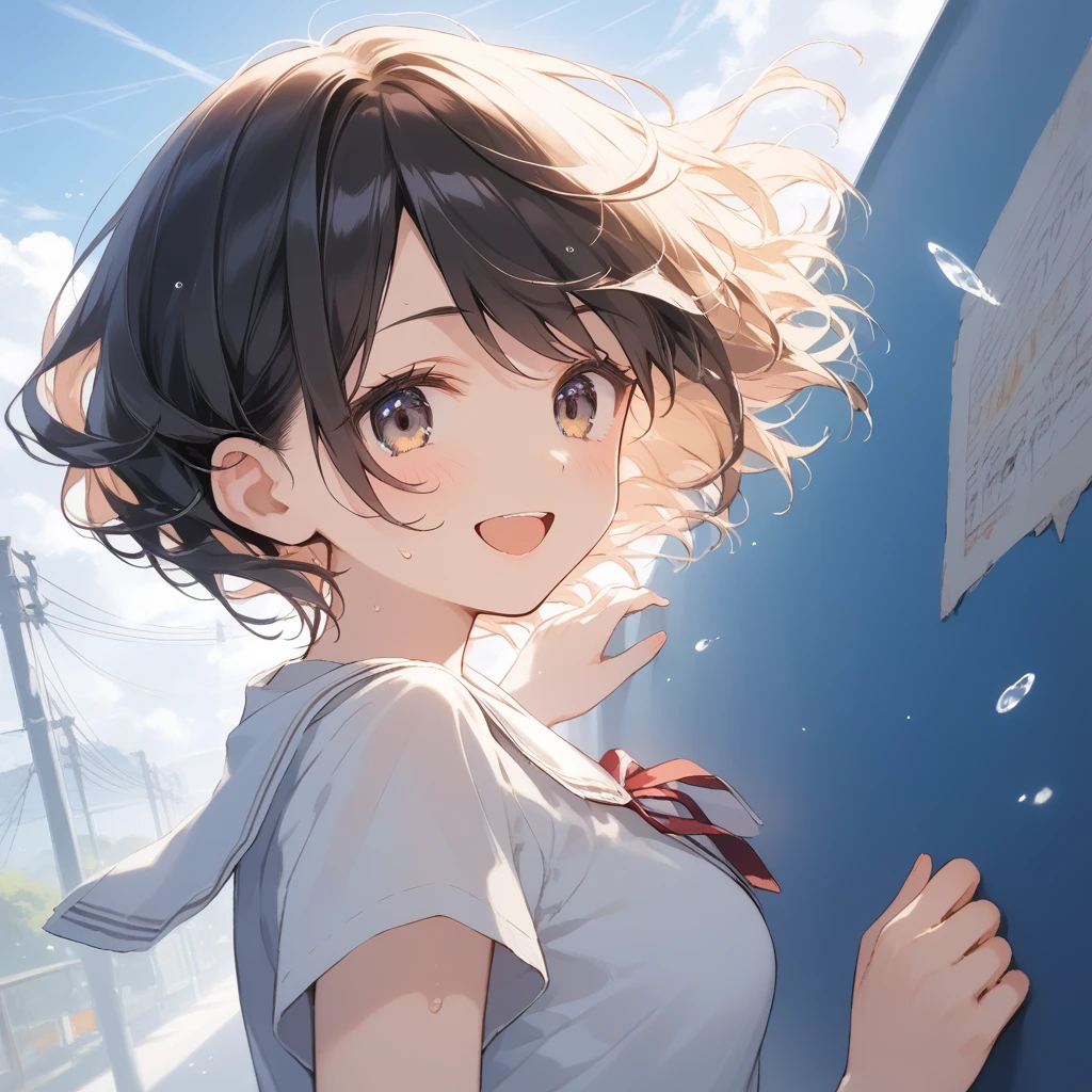 score_9, score_8_up, score_7_up, source_anime, best quality, masterpiece, official art, absurdres, highres, ultra-detailed,waifu2x,Collection: Slice of Life,break,1girl, sprightly girl, short hair, pixie cut, curly hair, medium breasts, beautiful detailed eyes, sweat, gym shorts, (wavy mouth:0.3), open mouth, smile, outdoors, wind, break,(clear line illustration:1.2), super detailed skin,very high resolution, very aesthetic, Best sexual lighting powered by famous artist, 8k, 16k, cute picture,beauty illustration,photoshop_(medium),,(Detailed Lighting),best anime 8k konachan wallpaper, pixiv contest winner, artist:clamp ,artist:carnelian ,artist:kantoku ,