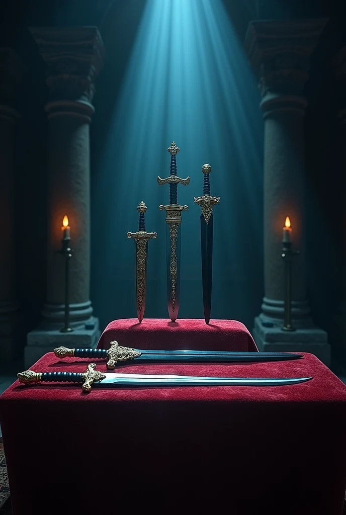 Inside a place there is an altar where everything around it was dark but where the swords were resting it was as light as day., where three swords of different appearances were placed, but there were only two swords left, the third was missing, and his rest was on display, make the image photo realistic.