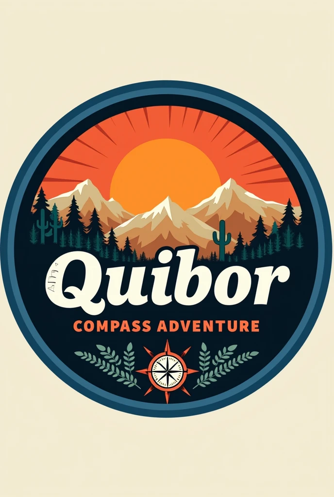 Logo:
1. General form: Circular design.
2. bottom: Orange, evoking a sunset.
3. Borders:
- Color de Borders: royal blue.
- Grosor de Borders: 3 px.
4. natural elements:
- Carcavas: Stylized illustrations of the Quibor gullies, with irregular shapes and textured in brown tones, beige and black.
- Cactus: A small cactus in green, located on one side of the logo.
5. compass: A compass on top, in black and white to stand out.
6. Text:
- Word "Quibor": letters in white, sans serif typeface, in a medium size and striped.
- "COMPASS ADVENTURE": letters in white, sans serif typeface, in a large size, located at the bottom around the thick edge.
