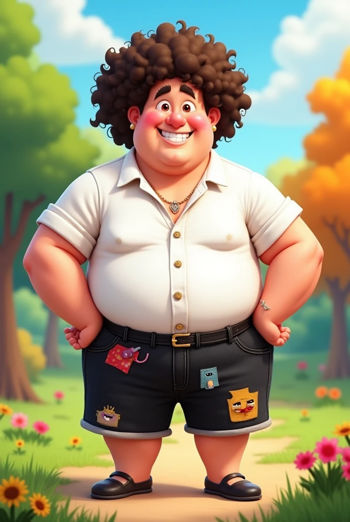 Cartoon of a white man with curly hair, stocky, wearing a white shirt and black shorts sewn on