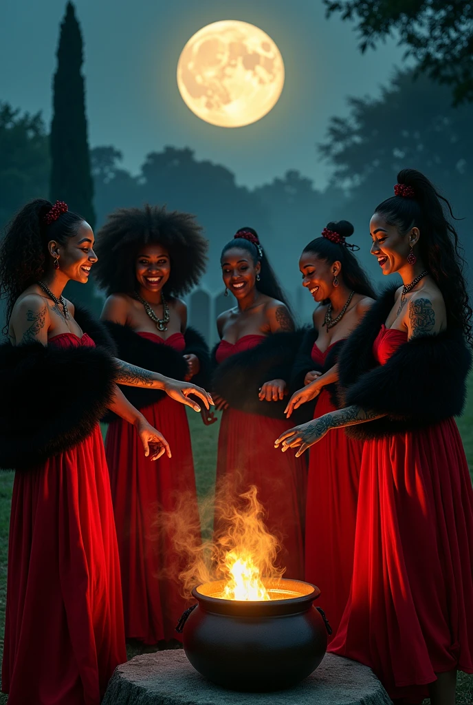 Seven beautiful African women, jovial laughter , long black fur, evil, naked, tattooed, umbanda, calaveras, cemetery. full moon. Red eyes, cauldron, red and black dresses. dancing