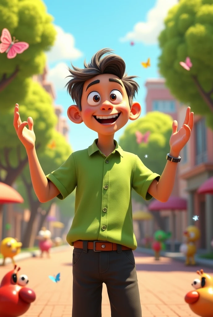 3D post inspired by Pixar 42 year old man black eyes brown and gray hair short hair with hand making like green shirt and black pants slightly large ear 