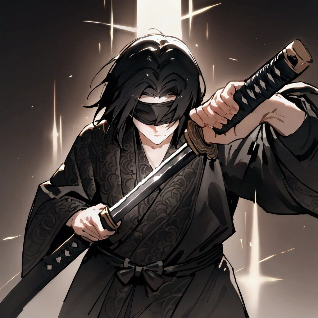 ((masterpiece)), ((best quality)), ((half-body)), 1man, solo, long black hair, blindfold, black ornate robe, unsheathing katana, Kagurabachi pose