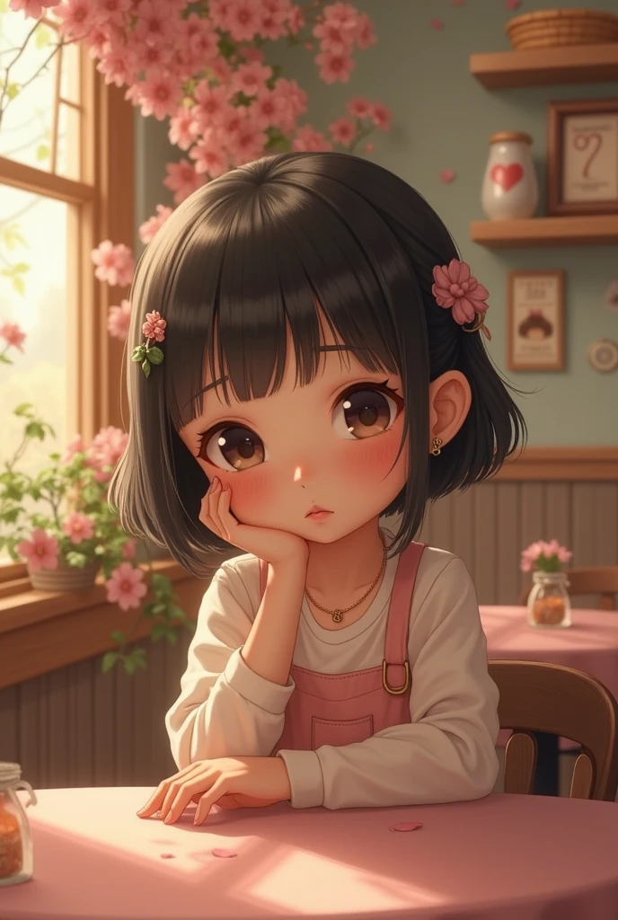 Realistic, very cute asian Girl, pail skin, sad eyes, shy, short, thicc, smiling at her crush