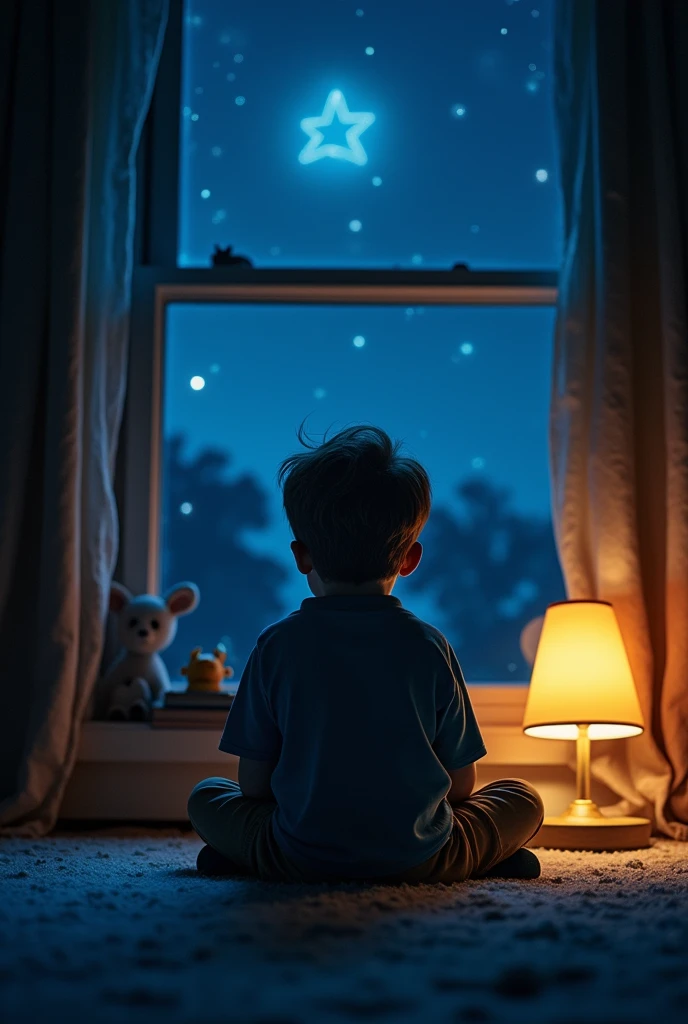 A boy sitting and a shadow on the window at night 