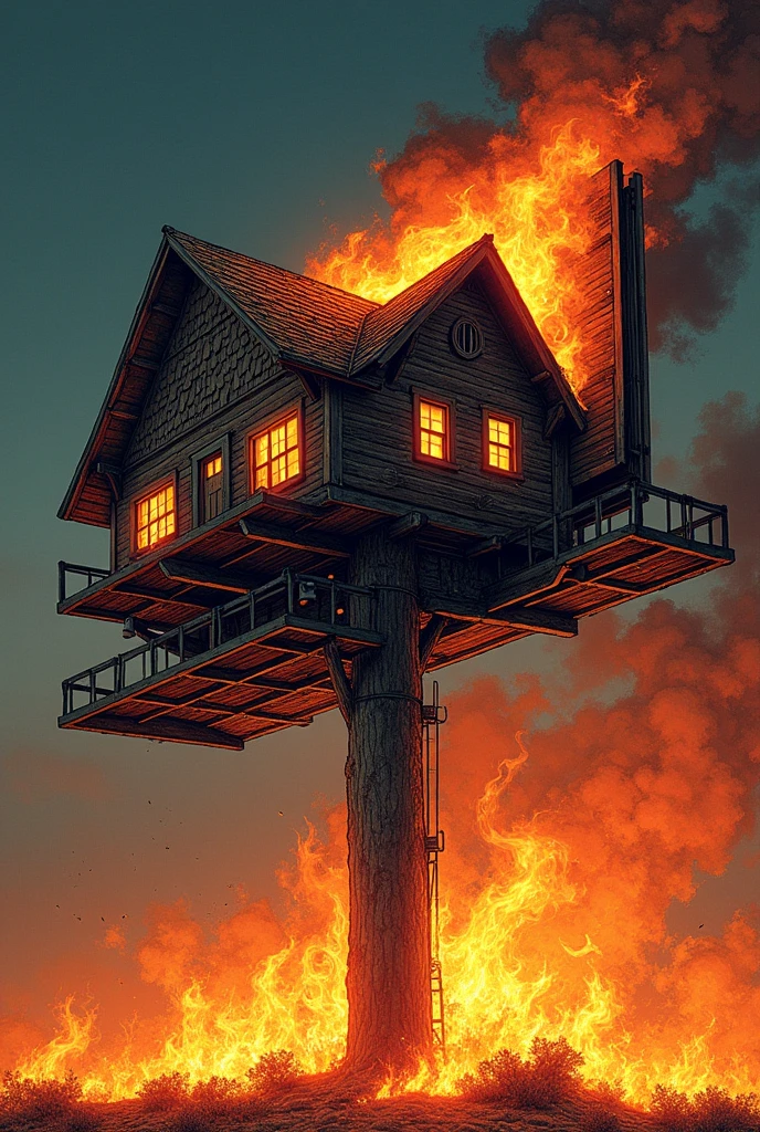 A woodcut of a house on top of a billboard on fire (the house has only 1 floor and is quite wide" the house must be on the billboard (inspired by kanye west's song 530