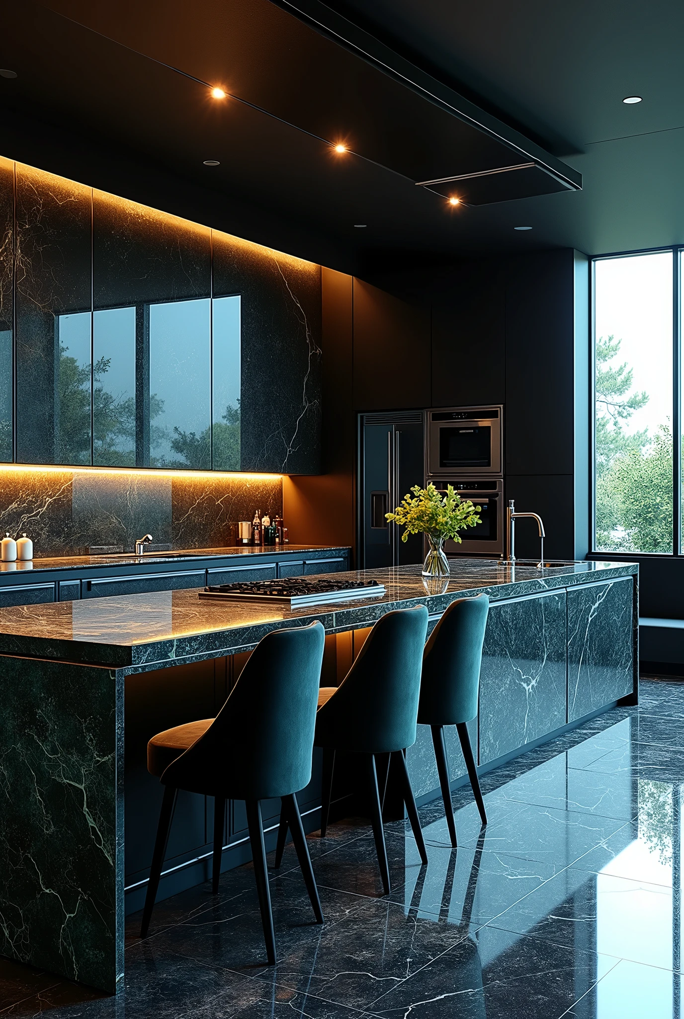 Please design me a very luxurious kitchen, modern and fully equipped. Futuristic design with mysterious colors