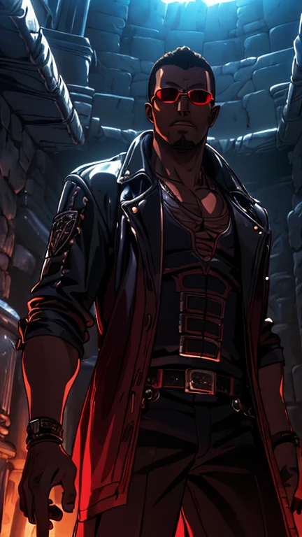 (1boy, african, dark skinned, b2lad3), (extremely detailed CG unit 8k wallpaper),(master part), (best quality), (ultra detail), (best illustration),(wanostyle), cowboy shot, (Sharp eyeliner, ombre, detail eyes), dark dungeon interiors background, ,break , (vamptech), leather jacket, sunglasses,