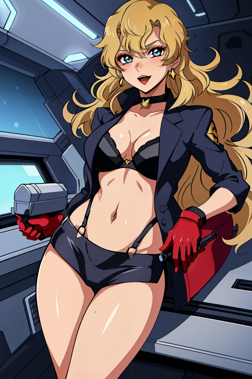 blonde hair, blue eyes,smoking a cigarette in a room with a spaceship in the background,
1 girl, 20yo,Young female,Beautiful Finger,Beautiful long legs,Beautiful body,Beautiful Nose,Beautiful character design, perfect eyes, perfect face,expressive eyes,
long hair, , blush, lipstick, gloves , long hair, choker, blush, lipstick,,jewelry, earrings, Hot girl, baddie, bad attitude, mean girl, crazy, smoking, sensual, attractive, masterpiece, best quality, highly detailed, a girls with a gun, open mouth, blazer, sexy gaze, (nsfw) not
safe for work, badass pose , evil smile, smile, black bra, anime girl with long hair, long haired girl,
navel, evil expression, exposed belly, exposed navel, exposed midriff, exposed lower belly, micro
miniskirt, micro pencil skirt, pencil skirt ,holding a gun, holding pistol