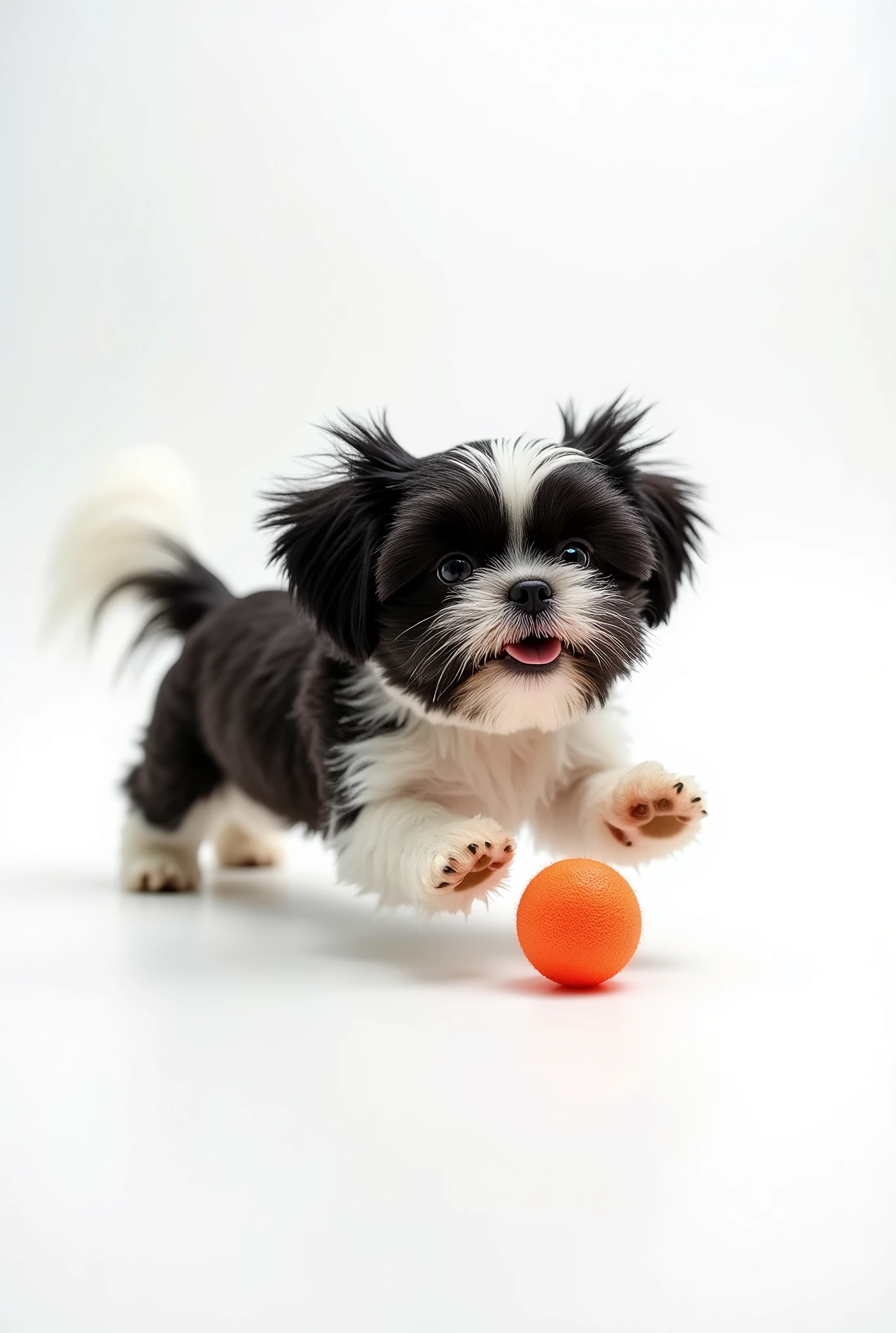 (8k, CRU photo, highest quality) (((full body shot:1.3))), small breed dog, Shih Tzu, with fur in deep black and white colors. The entire body of the dog must be fully visible within the frame, with no parts cut off. The dog should be playing with a ball, creating a playful and dynamic movement pose. Background must be completely white, like a studio backdrop, with no shadows, distractions, or details, just a plain white surface. (((dynamic pose:1.3))), ((movement pose:1.2))), soft lighting, cinematic lighting, realistic fur, ((pores)), ((high detail fur)), light volumetric, hyper-realistic, vivid details, clear as crystal, 8K UHD, ultra photo realism, best quality, work of art, extremely detailed CG, unity, wallpapers (realistic, photorealistic:1.37), shining, fine-details, correct body structure, (((Depth of field:1.5))), (((atmospheric perspective:1.4))). The entire photo must be 100% sharp and in focus.