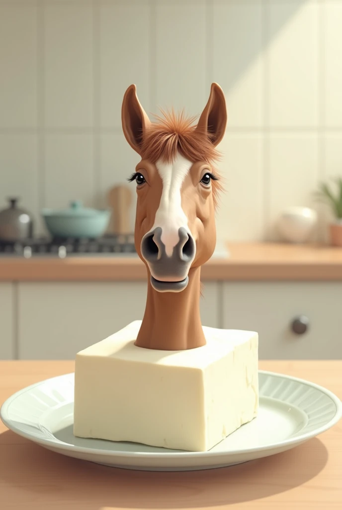 Simple illustration、A horse's ear grows out of a square of tofu on a plate.。No parts other than the ears are needed