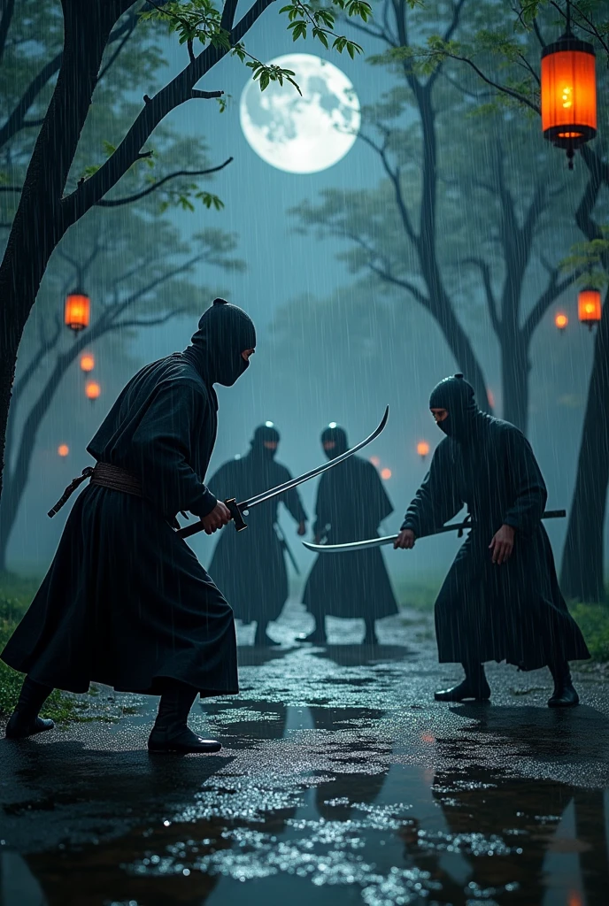 Masked Japanese ninja fighting with other ninjas at night in heavy rain