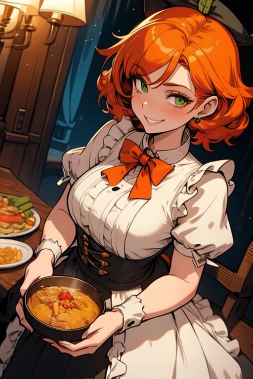 Perfect face. Perfect hands. An orange haired woman with green eyes and an hourglass figure in a ta maid dress is smiling while serving dinner in a fancy maid cafe