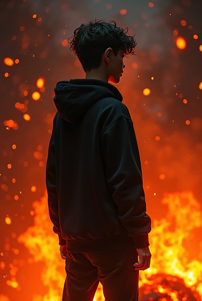 1 boy, Black Hoodie,The whole body radiates, Black pants, Gazing at Satan, Hellfire in the Background