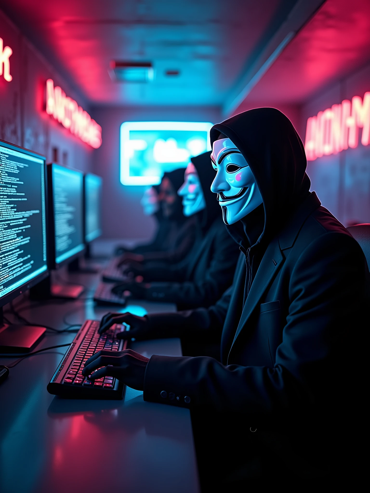 50 cyberpunk hackers wearing guy Fawkes masks and scary skulls printed In black suits, ANONYMOUS banner on the walls, surrounded by computers, 8k definition