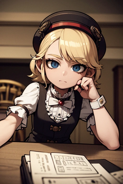 close, A child with straight blonde hair, short curls, and a small red hat, Necklace Watches, (Victorian era), ((steampunk)), photograph, worked, elegant, Scrupulous, grow, Maximum details, Extremely aesthetic, Exquisitely crafted, Lots of gear, Old town background