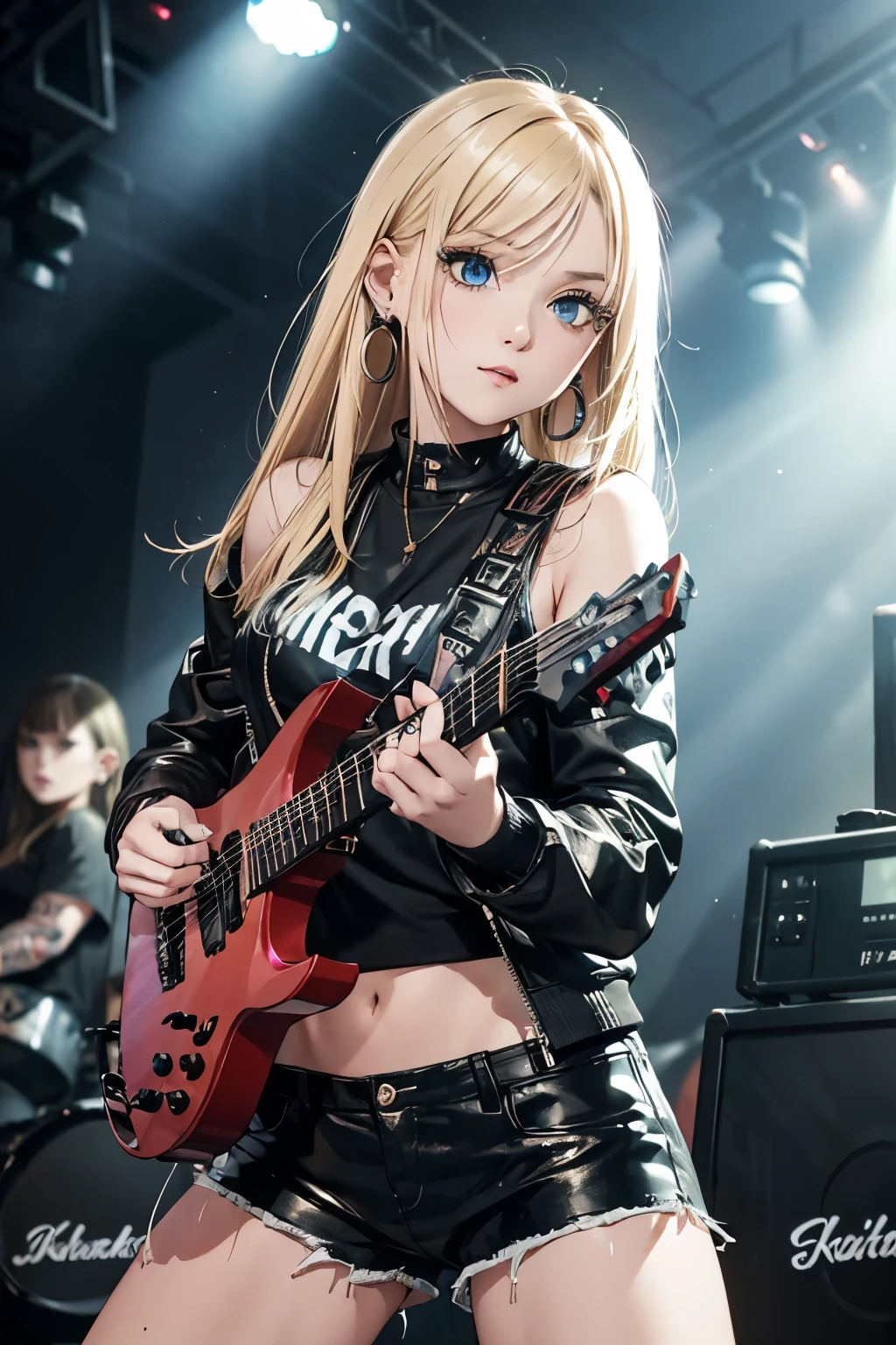 Realistic:1.2, Rocker girl in leather jacket,Slim figure、Normal bust size、 highly Realistic photograph, whole body、, 12 electric guitars, Spiked clothing,White tank top、Navel exposed、Low-rise leather shorts,tattoo,Earrings Dark lipstick, blue eyes,Blonde twin tail hair,Black Ribbon, Beautiful and perfect legs, Confident expression, Punk Style ,Dynamic pose, Dynamic Lighting, Bright colors, Aria Alexa 65, 50mm lens