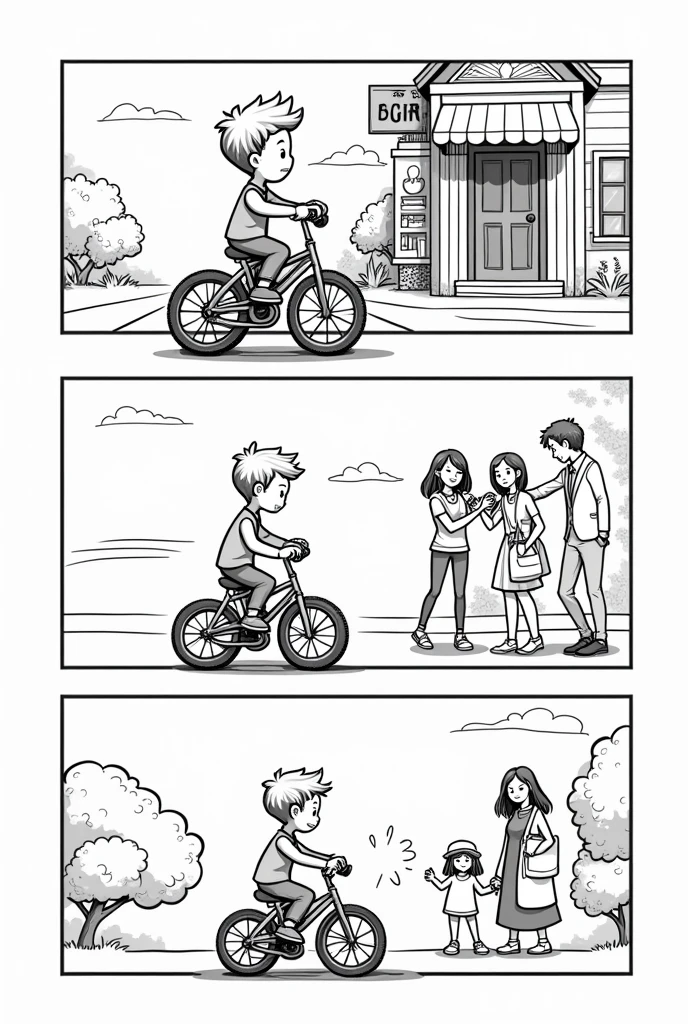 Scene of a boy leaving the store with a new bike, proud of his efforts Scene of a boy at home with his family showing off his bike and being congratulated by his mother and sister Scene of a boy riding his bike thinking about how much he learned about saving and planning Scene of the boy with his mother and sister being proud of him for his efforts All in comic form in 4 black and white frames