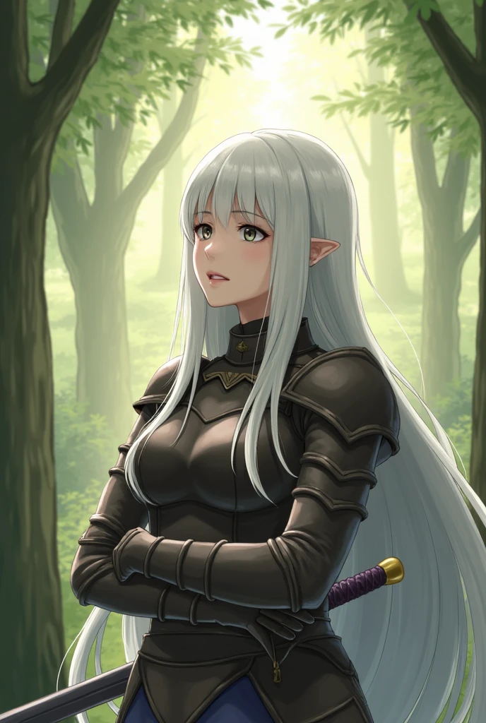 score_9, score_8_up, score_7_up, score_6_up, VitWaterStyle, 1girl, beautiful, white hair, long hair, bangs, fair skin, big breasts, leather armor, sword, forest, dappled sunlight, upper body, looking at viewe