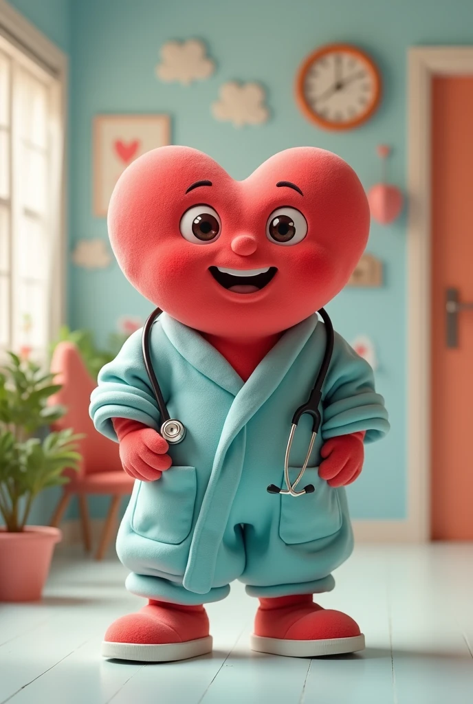 A heart-shaped mascot with robe pants and shoes, that has a stethoscope or something that draws attention as an accessory