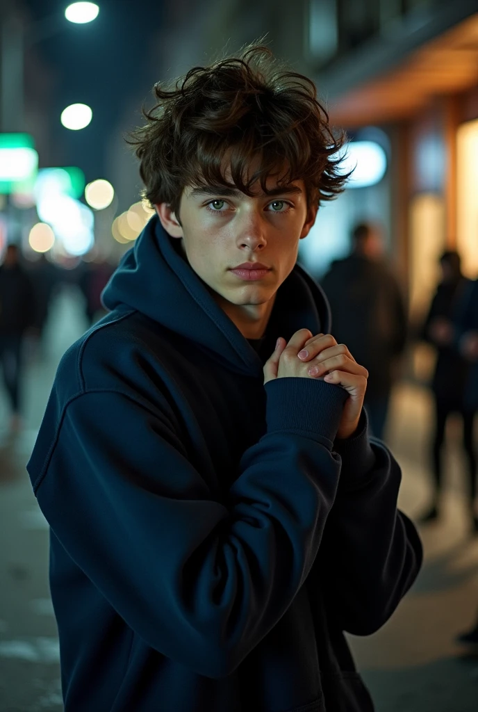 Realistic image. A ager with messy brown hair and dark green eyes was in the middle of a crowd, it was night and there were few people on the street. He was wearing a dark blue sweatshirt and his hands were in his pockets to protect himself from the cold.