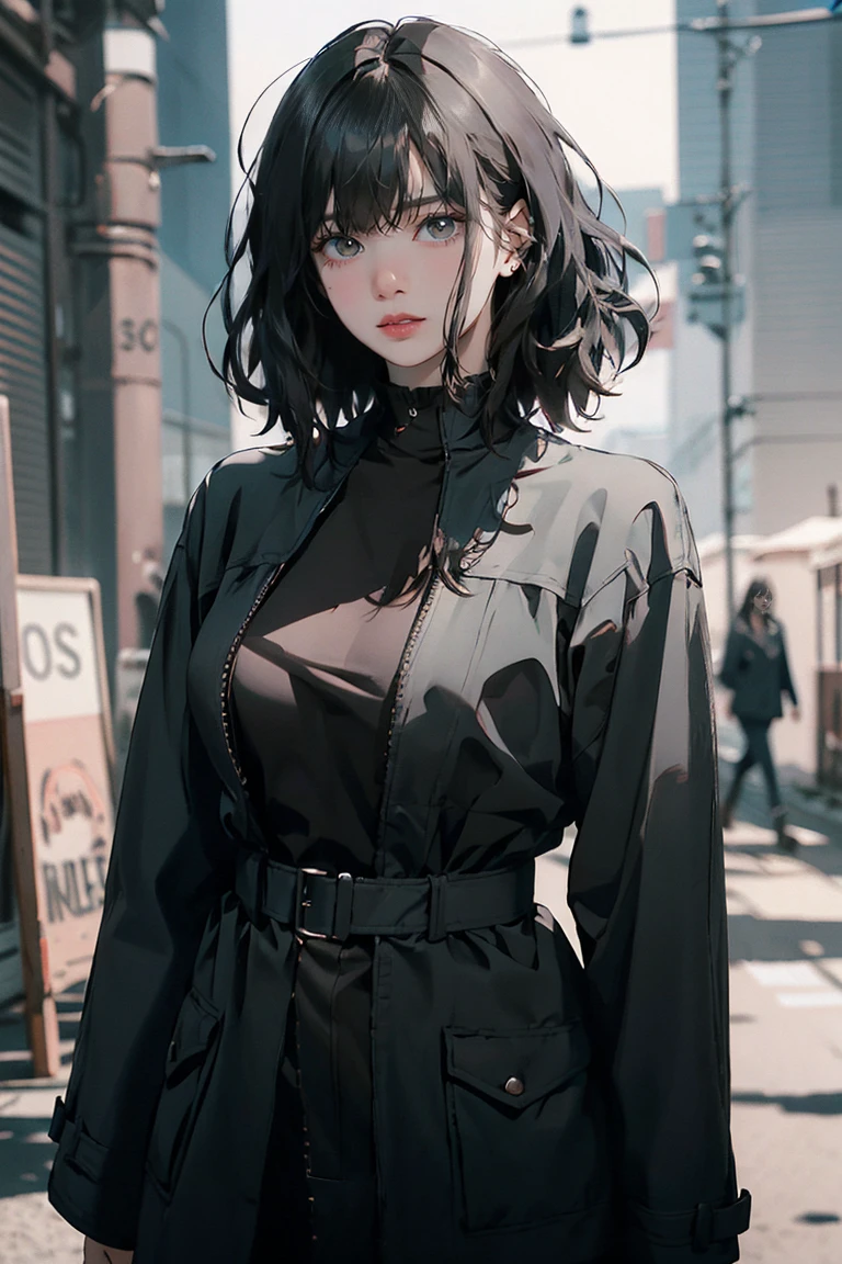 Beautiful girl with realistic black eyes, Pale skin, Medium size black hair, Perfect Face, Perfect Eyes, Wearing a coat, Very detailed, General Movie, Digital Painting, 8k, Cinema Lighting, Highest quality, High resolution, well done!, Post-processing, Perfect results, Surreal,(((Revealing clothing))),Big Breasts