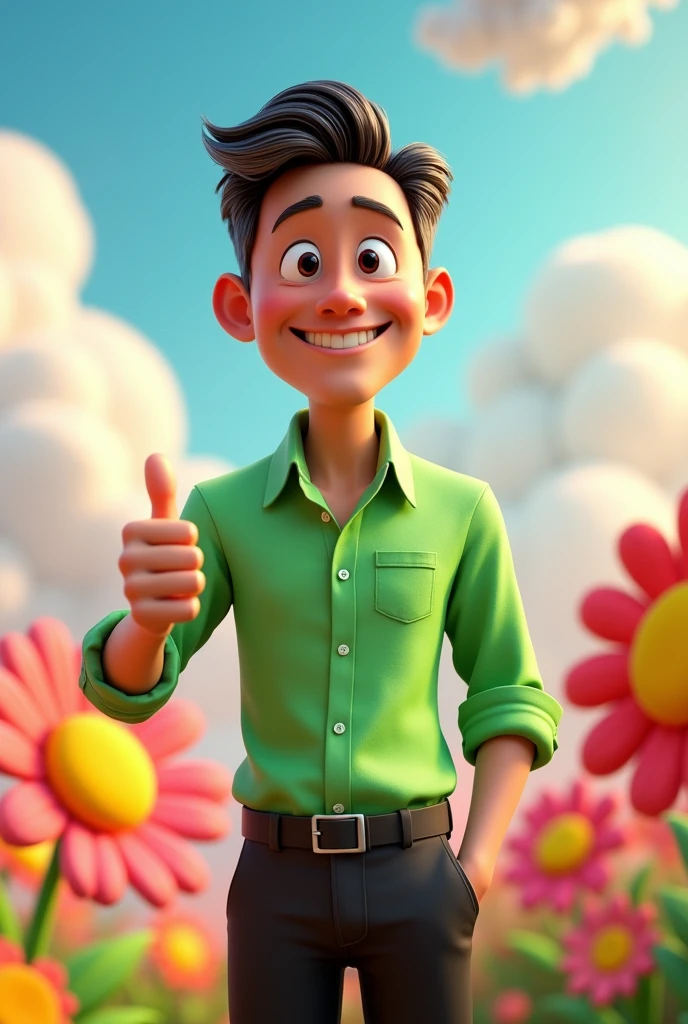 Pixar-inspired 3D post, 42-year-old dark-haired man, black eyes, brown and gray hair, short hair, hand making like, green shirt and black pants, slightly large ears