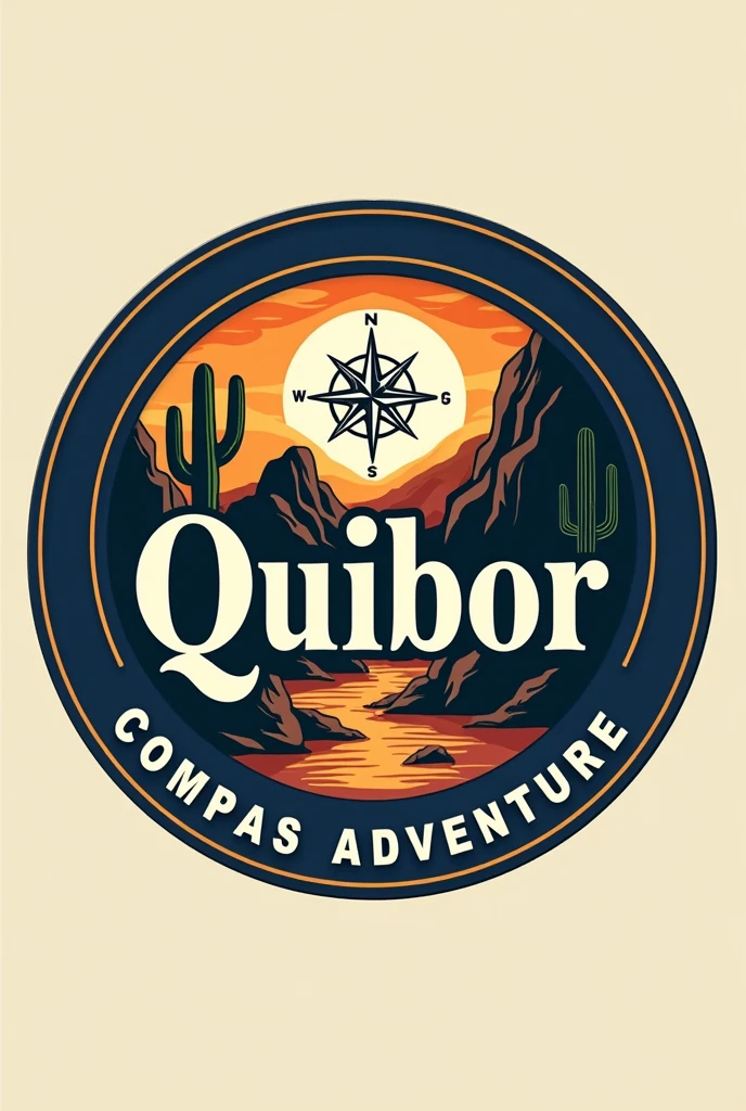 Logo:
1. General form: Circular design.
2. bottom: Orange, evoking a sunset.
3. Borders:
- Color de Borders: royal blue.
- Grosor de Borders: 3 px.
4. natural elements:
- Carcavas: Stylized illustrations of the Quibor gullies, with irregular shapes and textured in brown tones, beige and black.
- Cactus: A small cactus in green, located on one side of the logo.
5. compass: A compass on top, in black and white to stand out.
6. Text:
- Word "Quibor": letters in white, sans serif typeface, in a medium size and striped.
- "COMPASS ADVENTURE": letters in white, sans serif typeface, in a large size, located at the bottom around the thick edge.