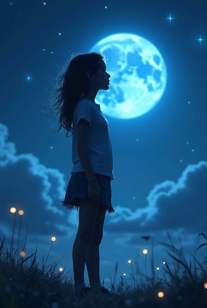 Disheveled girl in small, tight clothes looking at a blue moon