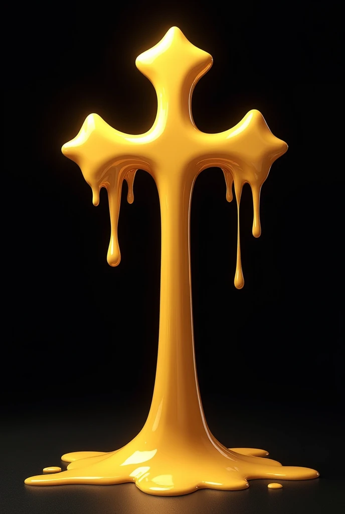 Golden cross melting, with black background with faceless cartoon design