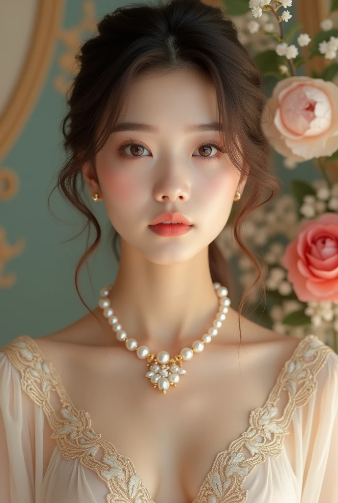 Elegant mature young woman wearing pink tatoe。Full body front view、Asian、The skin is relatively white、Luxurious clothing、Silky transparent lace on the clothes、Gold wire trim、Jewelry decoration、A pearl necklace hangs around her neck。